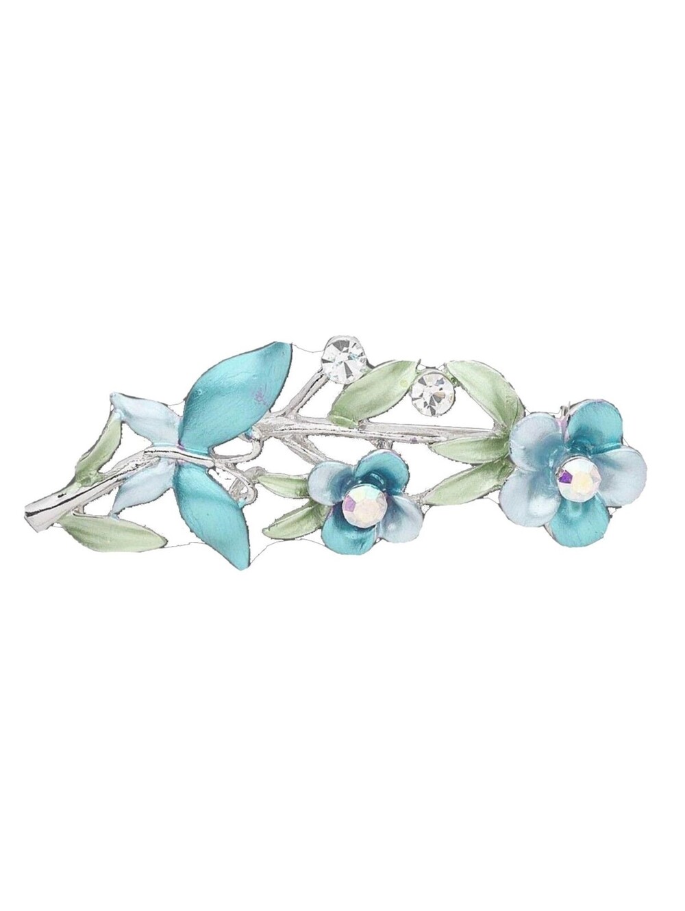 Vintage Czech Crystal Blue Enamel Painted Flowers Silver Plated Brooch Pin
